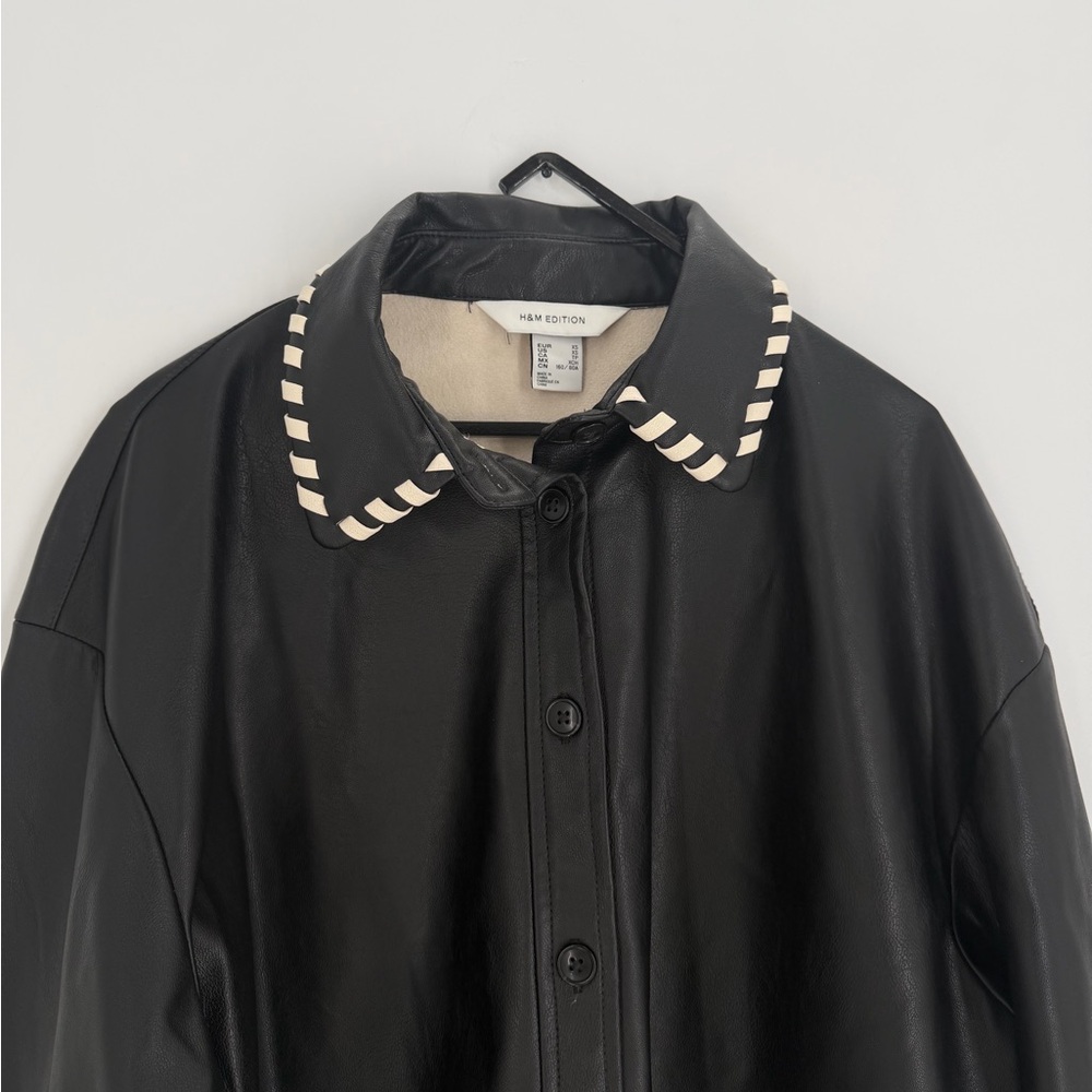 H&M Edition Premium Coated Color Block Oversized Button Front Shirt Black Cream